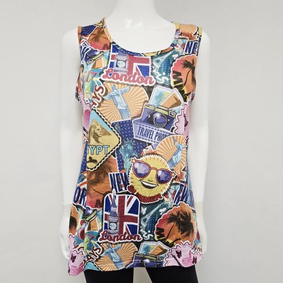 Shana Postcard Top Size M Travel Printed Sleeveless Art to Wear Womens Shell - Picture 1 of 9
